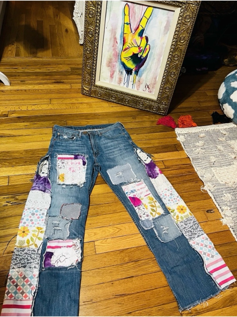 Vintage Levi's Blue Denim Wide Leg Jeans Multicolor Patchwork Panels